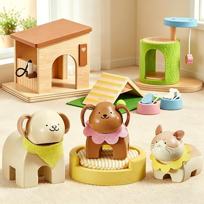 Tiny Land Wooden Dollhouse Animal Set for Toddlers, Dollhouse Accessories & Dolls House Furniture Sets for Toddlers, Montessori Pretend Play Family Pets Set Toys, Gift for Kids Age 3+