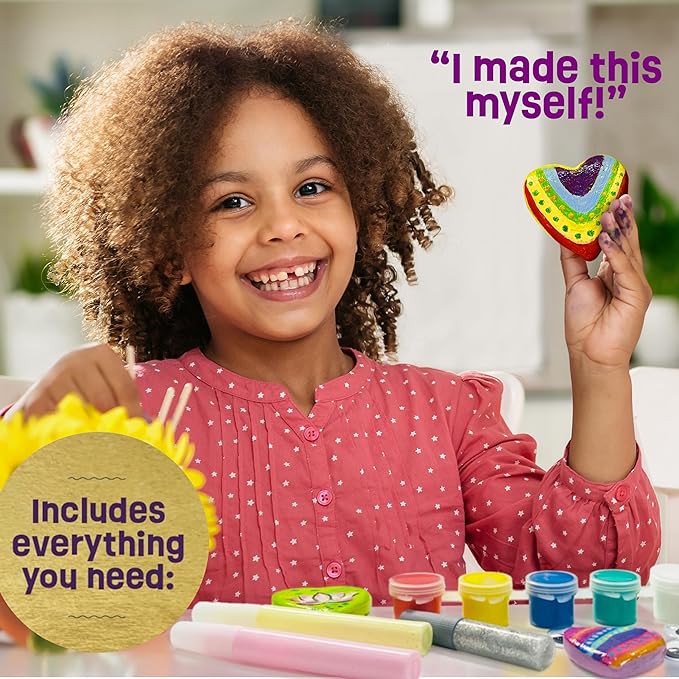 Hearts Rock Painting Kit for Kids Girls - Glow in Dark Art Supplies Ages 4-12 - Complete STEM Craft Set with Puffy Paint Stickers Gems Paints - Educational Birthday Easter Gifts Art Toys for Girl