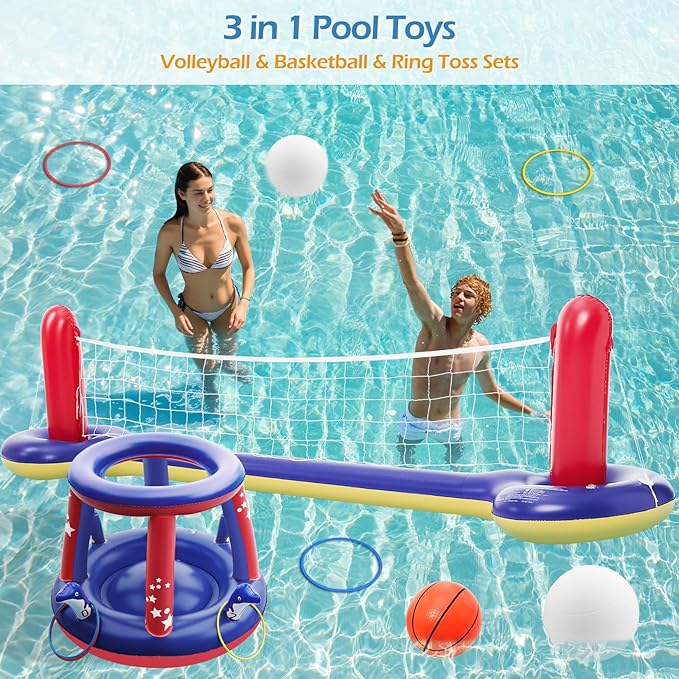 Jasonwell Pool Toys Games Set - 3 in 1 Pool Volleyball Net Basketball Hoop Ring Toss Game Inflatable Floats Water Floating Volleyball Swimming Pools Games Party Gift for Kids Adults (Red&Blue, XL)