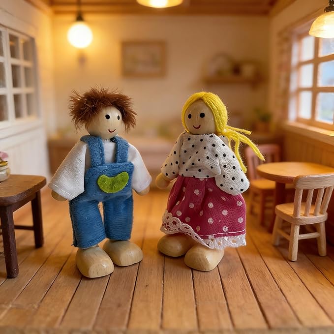 HYSTYLE 12 Pieces Wooden Dollhouse Family Set with Dog Cat Mini People Figures Dollhouse Dolls Wooden Doll Family Pretend Play Figures Accessories for Pretend Dollhouse (Style 4)