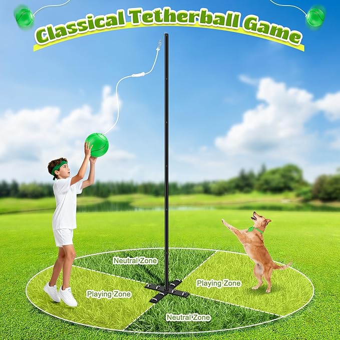 GADFISH Backyard Tetherball Set with Ball & Rope, Adjustable Tetherball Set, Traditional Tetherball Equipment for Playing Outdoor, Lawn, Sand (Black)