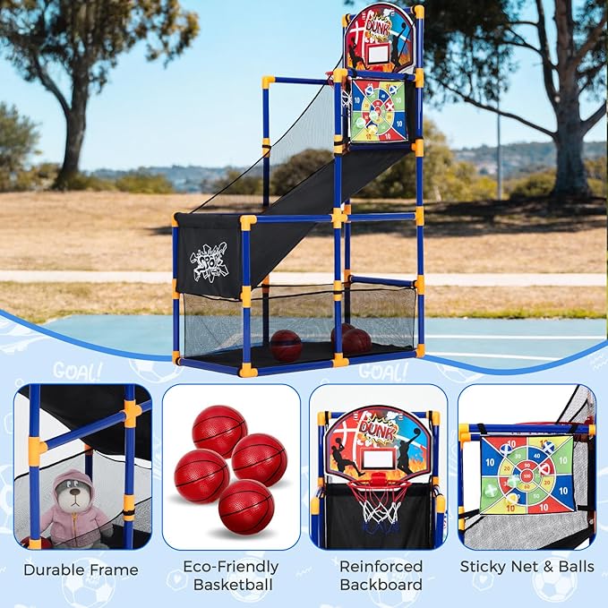 2-in-1 Kids Basketball Arcade Game Set with 4 Balls & 6 Sticky Toss Balls – Indoor & Outdoor Basketball Hoop and Dart Game, Height Adjustable Sports Toy with Ball Return Ramp for Boys & Girls Ages 3+