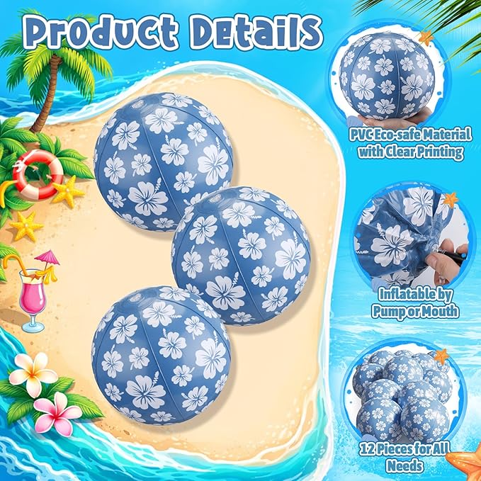 Soulchen 12 Packs Hawaiian Beach Ball for Kids Bulk 7.87 Inch Summer Inflatable Hibiscus Print Beach Balls Flower Summer Pool Toys Games for Swimming Birthday Luau Party Decoration Party Favor