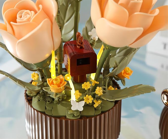 Electric Flower Bouquet Building Set with Remote Control Spray-Bottle, 255 PCS,Original Music (Type :Symphony) Motorized Roses Flowers STEM Construction Kit, Automatic Blooming Bouquet