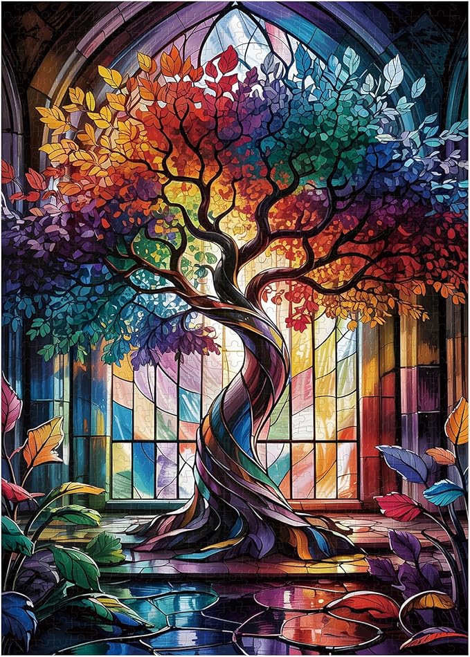 Great Jigsaw Puzzles for Adults 1000 Pieces Stained Glass Tree of Life Wooden Challenging Puzzles Gift for Friends Family Home Decoration Puzzle