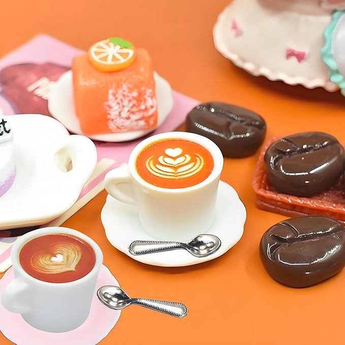 4Sets Kitchen & Dining Theme Miniature Dish Set – 1:12 Scale Plates,Spoons & Coffee Cups,Realistic Porcelain Tableware for Dollhouse,Miniature Dinner Accessories,DIY Display&Decorative Utensils (Pink)