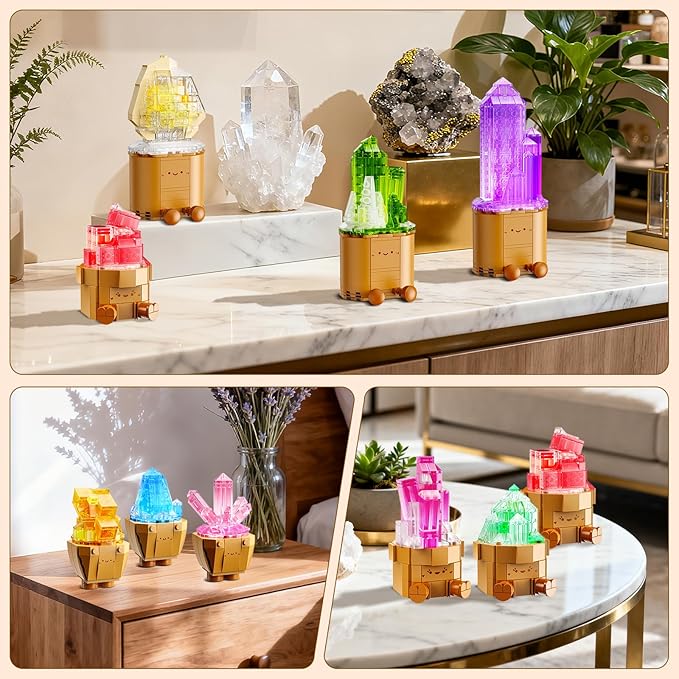 9 Pack Easter Party Favor Mineral Mini Building Set with LED Light, 1170PCS Crystals Flower Bonsai Block Toy for Goodie Bag Fillers Classroom Prizes, Birthday Gift for Kids Adults Women