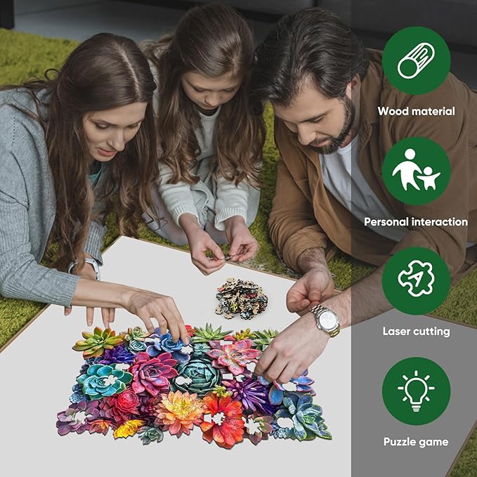 Delobil Rectangular Succulent Wooden Puzzles, 200 Pieces Jigsaw Puzzles 12.6'' x8'', Unique Design Wooden Puzzles for Adults and Kids, Family Game Gift