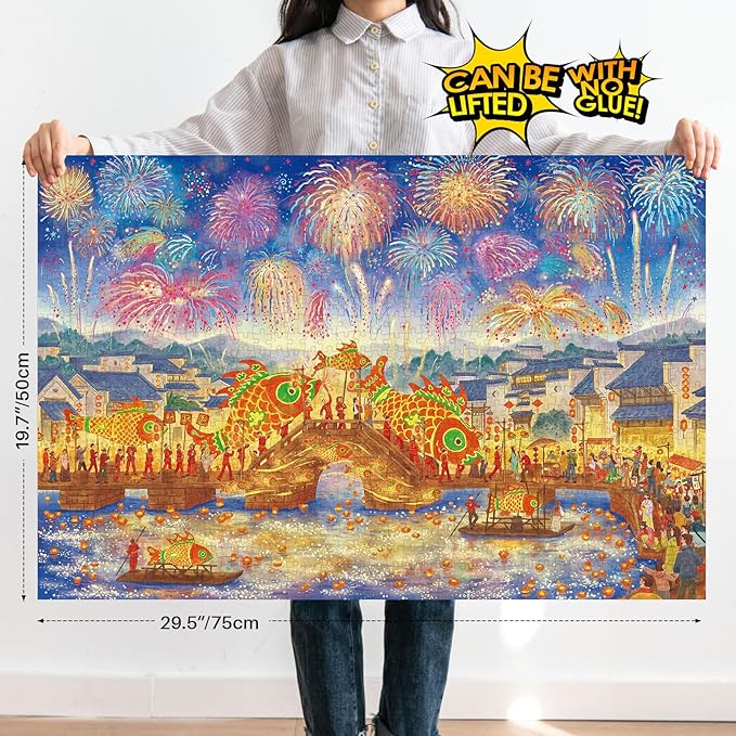 MOMIBOOK 1000 Piece Puzzle for Adults Jigsaw Puzzles of Lanternlit Starnight, Gilding Happy New Year Painting Image Challenging Hard Impossible Puzzle Unique Party Christmas Birthday Gifts