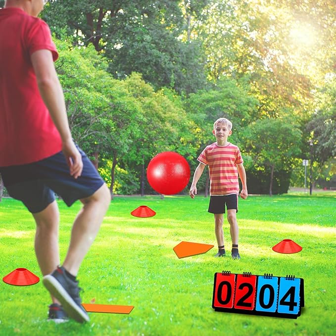 Jenaai 18 Pcs Sports Kickball Set Includes Playground Ball 5 Rubber Throw Down Bases Ball Pump Scoreboard Net Bag 10 Foul Line Cones for Adults Playground Backyard Game (10 Inch,Red)