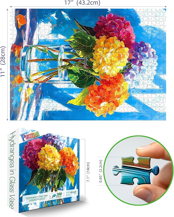 300 Pieces Puzzles for Adults, Hydrangea in Glass Vase Art Jigsaw Puzzles for Family Fun Challenging, Party Game Gifts Decoration (17 x 11 Inch)
