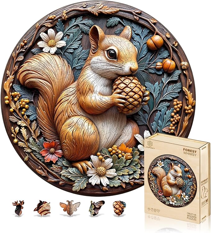 Jigfoxy Wooden Puzzles for Adults, Squirrel Wood Puzzles Adult, Unique Animal-Shaped Wooden Jigsaw Puzzles for Adults, Christmas Thanksgiving Gifts for Family and Friends (S-8.5 * 8.5in-100pcs)