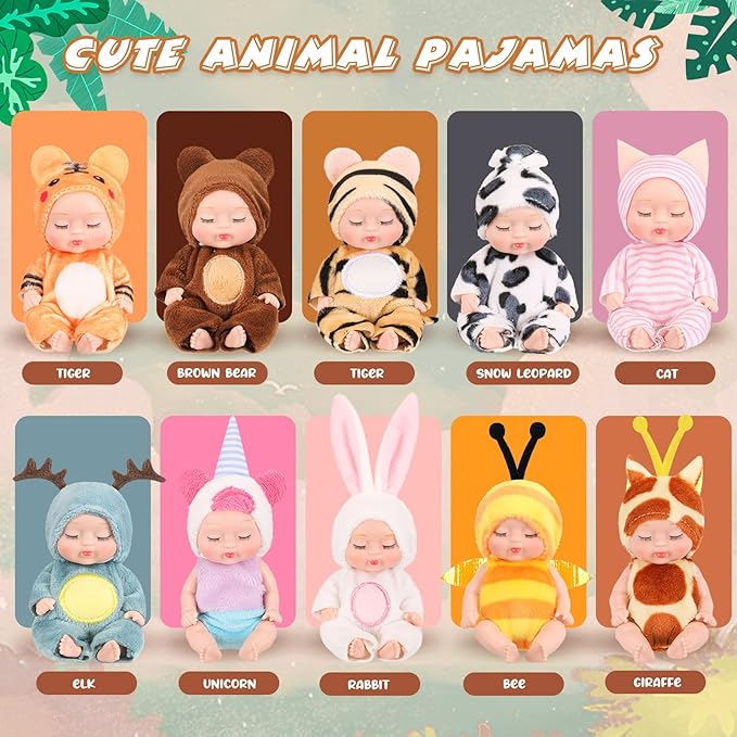 Hanaive 10 Pcs 4 Inch Mini Baby Dolls Lifelike Realistic Tiny Baby Dolls with Animal Clothes Cute Infant Figurine Gifts Set for Toddlers Girls Kids 3+ Easter Graduation Birthday(Lovely Style)
