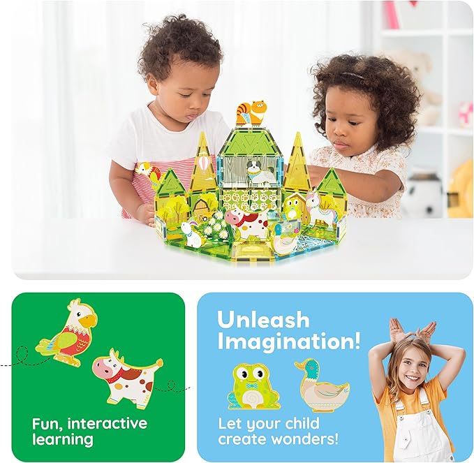 PicassoTiles Magnetic Tiles 8 Character Farm Animal Accessory Add on Set Compatible with Picasso Magnet Tile Playsets Pretend Play Preschool Toy STEM Educational Toys for Learning Kids Ages 3+ PTA27