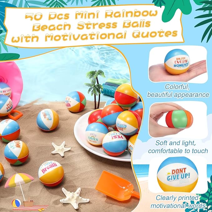 Blulu 50 Pcs Mini Beach Stress Balls with Motivational Quotes 2.5" Foam Bulk Rainbow Squeeze Sports Toys with Storage Bag for Hawaiian Beach Party Favors Birthday Gifts Rewards