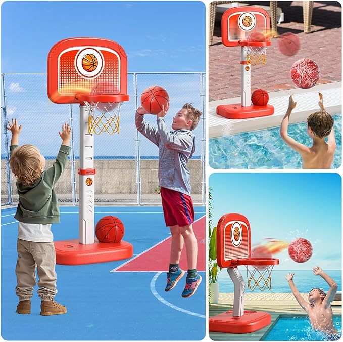 Outdoor Basketball Hoop Toys for Toddlers 3 4 5 6 7 8-12 Years Boys, Swimming Pool Basketball Hoop Outside Toys with 4 Balls, Poolside Basketball Game Toy Gifts for Kids Ages 4-8 8-12 Boys Girls