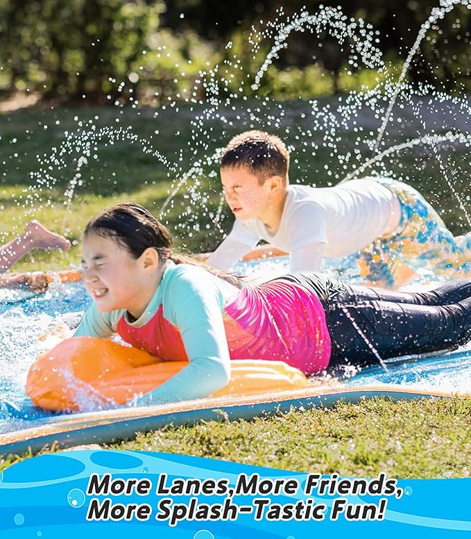 Spring Water Slip and Water Slide for Kids Backyard, 22ft*3 Racing Lanes Slip Water Slides with Sprinkler for Age 5-8 8-12, Summer Outdoor Water Toy with 3 Inflatable Bodyboards