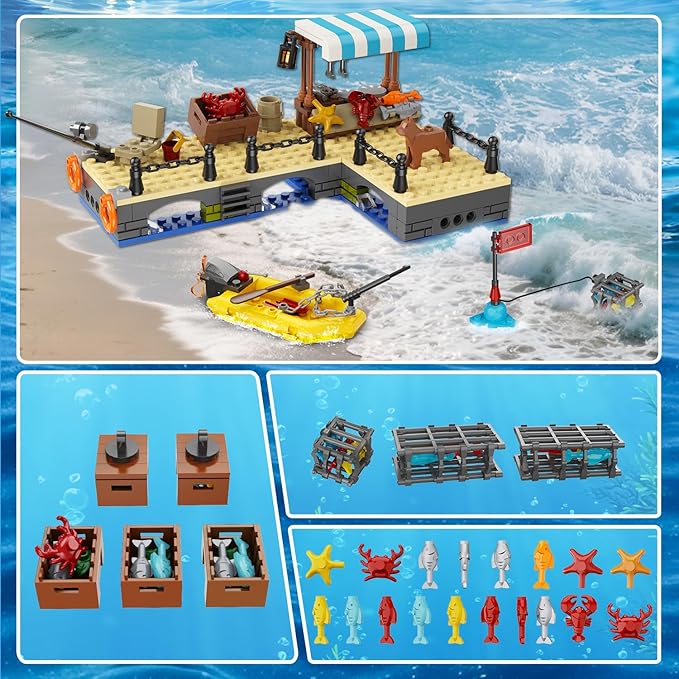 City Fishing Boat Wharf Building Set - Floatable Sea Fishing Ship Building Block Kit with Speedboat Crane Containers Exploration Boats Toy Birthday Gift for Kids Boys Girls 6 7 8 9 10+, 762PCS