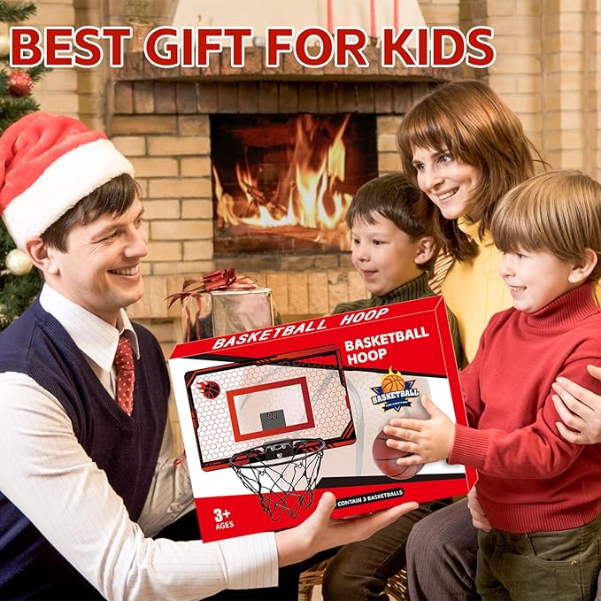 Mini Basketball Hoop Indoor, Over The Door Basketball Hoops with Led Lighting, Mini Hoop with Electronic Scoreboard & 3 Balls, Outdoor, Red, Sports Toys Gifts for 6 7 8 9 10 11 12+ Year Old Boys