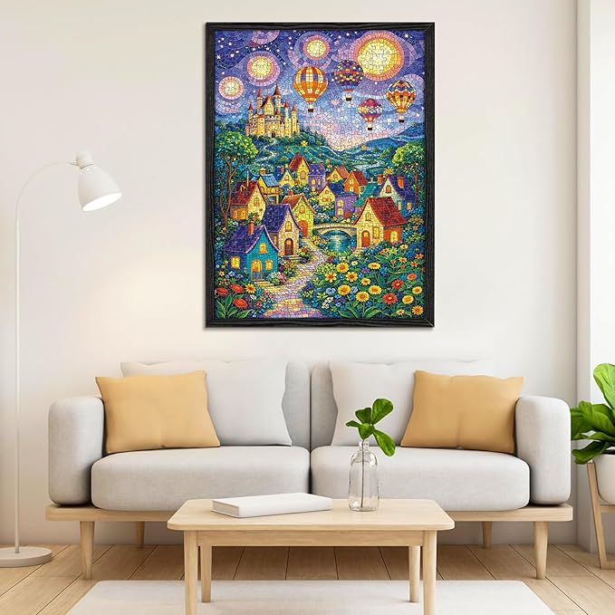 500 Piece Puzzle for Adults, Fantasy Village 500 Piece Puzzle, Vibrant Hot Air Balloons & Castle in Starry Night Jigsaw Puzzle, Perfect for Family Game Night, Home Wall Decor, Great Gift for Adults
