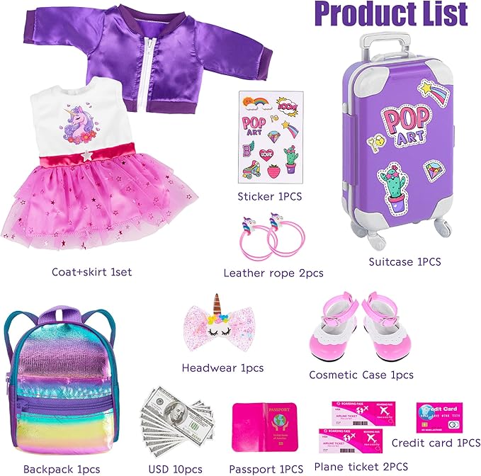 ebuddy 18 Inch Doll Clothes and Travel Accessories Set - Unicorn Themed Play Set for 18" Dolls, Includes Jacket, Skirt, Suitcase, Backpack & More (Doll Not Included)