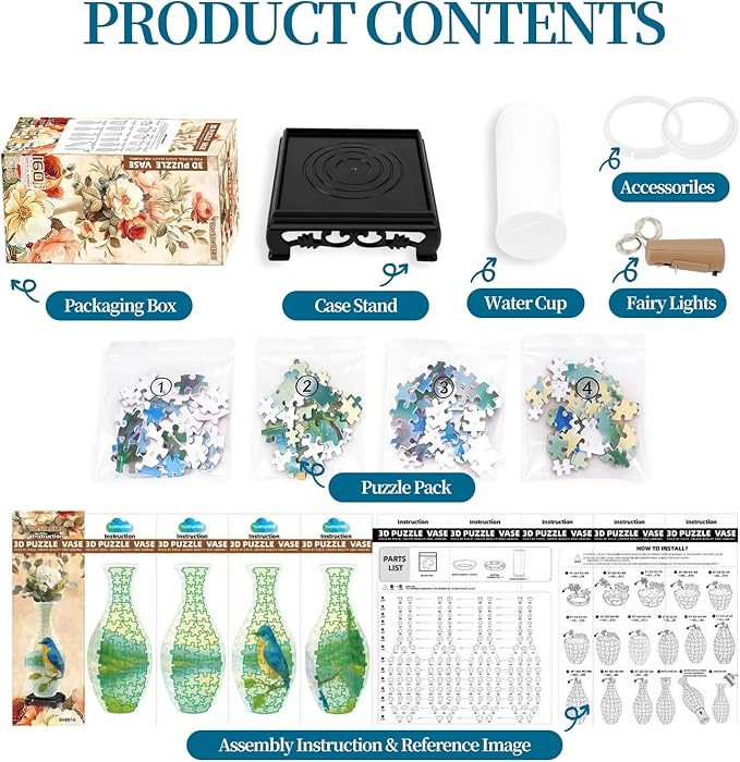 3D Puzzles Vase for Adults, Crafts for Adults, 160 Pieces Plastic DIY Unique Flower Vase with LED Light House Warming Gift Birthday Gifts for Flower Arrangements and Home Decor (Bird)