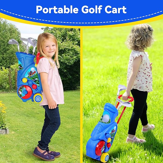 Toddler Golf Set with Shoulder Strap for Kids Ages 2-5, Portable Golf Clubs, Cart & Putting Mat - Indoor Outdoor Sports Toys - Blue