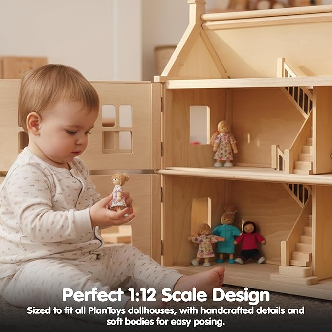 PlanToys® Family Wooden Dollhouse Figurine Set | 4 Poseable 1:12 Scale Mini Dolls (Parents & Kids) | Dollhouse Accessories for Pretend Play | Eco-Friendly Montessori Toy for Kids Ages 3+