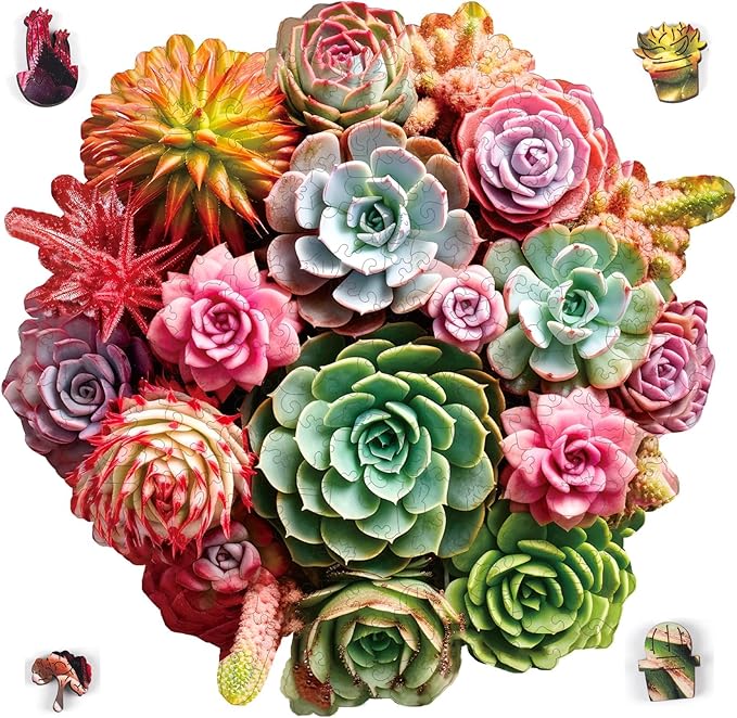 Reouinty Wooden Puzzles for Adults 200 Pieces, Colorful Succulent Jigsaw Puzzle for Mom Grils, Challenging Wood Puzzle, Beautiful Wall Decor, Unique Animal Shaped Puzzles for Family Game 11.3x10.5 in