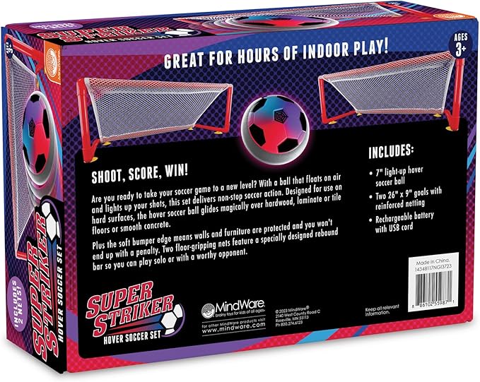 MindWare Super Striker Hover Soccer Ball Set - Indoor Soccer for Kids Ages 3 and Up - Flashing LED Lights - USB Charger - Includes 2 Sturdy Nets for 1 or 2-Player Indoor Games for Kids 8-12