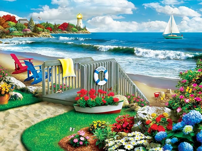 MasterPieces 300 Piece EZ Grip Jigsaw Puzzle – Coastal Getaway Beach Scene – Large Piece Puzzles for Seniors, Adults, and Family – Eco-Friendly, Non-Glare Finish, Relaxing 18" x 24" Puzzle