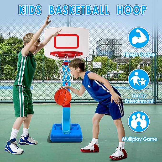 Toddler Basketball Hoop Indoor Outdoor - Height Adjustable 27.6-54 Inches (5 Slots), Kids Basketball Hoop with 4 Inflatable Balls & Pump, Safe Toddler Toys for 1-6 Year Old Boys Girls