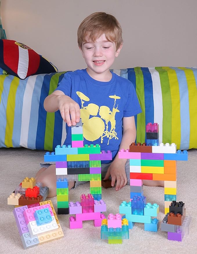 Strictly Briks Building Toy Big Blocks - Compatible with Lego Duplo Set for Toddlers & Kids Creative Play & Learning, 108 Set/Solid & Clear Rainbow