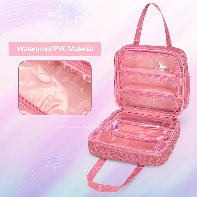 LoDrid Doll Case Compatible with Monster High Dolls with 6 Transparent Pockets for Display and Storage, Tote Bag with Front Pocket and Handle, Pink, Bag Only