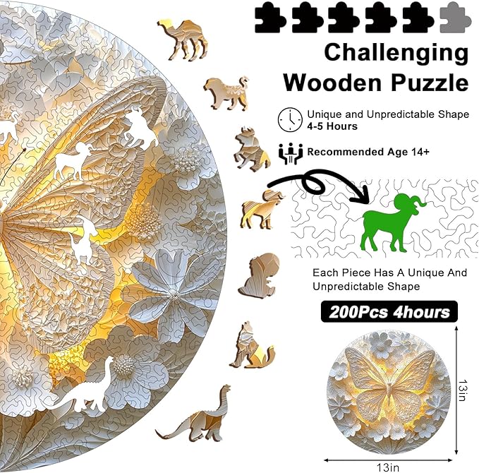 Wooden Puzzles for Adults, 210 Pieces Round Unique 3D Butterfly & Flower Shaped Wooden Jigsaw Puzzle, Easter Gift for Mom, for Adult Puzzle Lovers