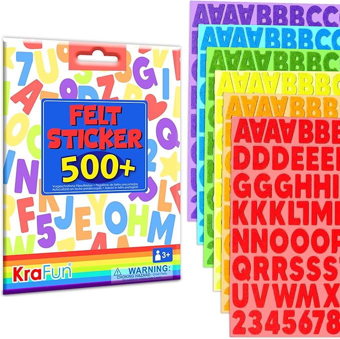 KRAFUN 500+ Felt Stickers for Toddlers & Kids - Self-Adhesive Alphabet Letters, Numbers & Shapes - No-Mess DIY Scrapbook Arts and Crafts Supplies - Educational Learning Activity Gift for Ages 3+