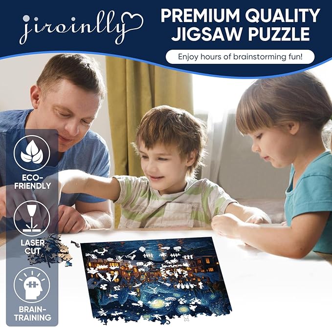 Jiroinlly Wooden Puzzles for Adults 500 Pieces, Starry Sky Town, 5MM Thick Adult Jigsaw Puzzles, Unique Shaped Puzzle for Family and Friends, Home Wall Decor, Exquisite Packaging Gift, 15.5x15.8 in
