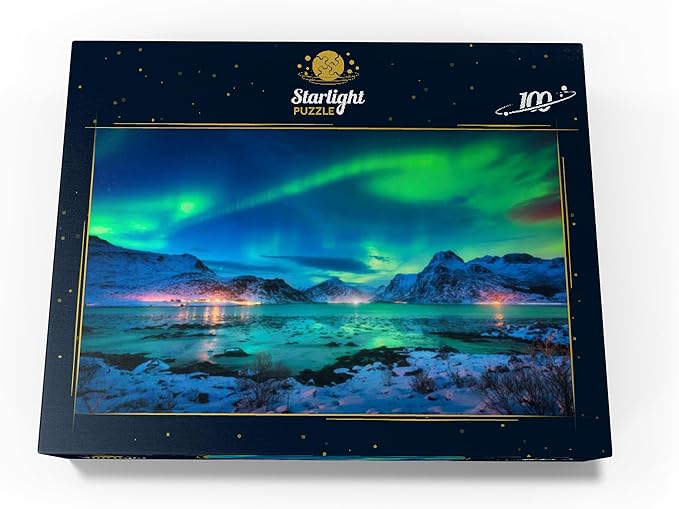 MyPuzzle Aurora Borealis Over Sea Coast, Lights At Night. Northern Lights On Lofoten Islands, Norway - Premium 100 Piece Jigsaw Puzzle for Adults