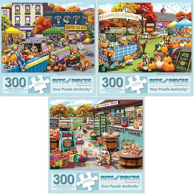 Bits and Pieces – Value Set of Three 300 Piece Jigsaw Puzzles for Adults – Harvest Flea Market, Pumpkin Festival, Visiting The Cider Mill Artist Nancy Wernersbach, Completed Puzzle Size: 18" x 24"