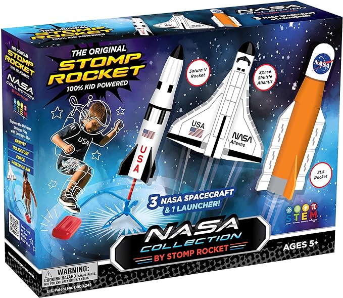 Stomp Rocket Space Collection Rocket Launcher for Kids, 3 NASA Rockets - Backyard & Outdoor Fun Toy Gift for Boys & Girls - STEM Soft Foam Blaster Set Soars Up to 100 Feet - Ages 5 & Up