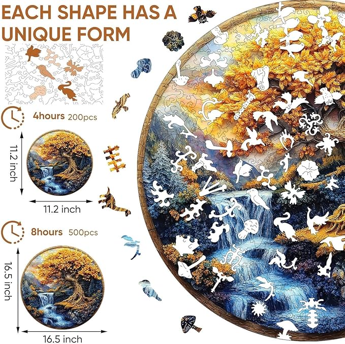 Qiuenisray Wooden Puzzles for Adults 500 Pieces, Tree of Life Waterfall River Round Jigsaw Puzzles, FSC Certified Unique Shape Adult Puzzles Piece, Wood Creative Gift for Family Game 16.5x16.5 in