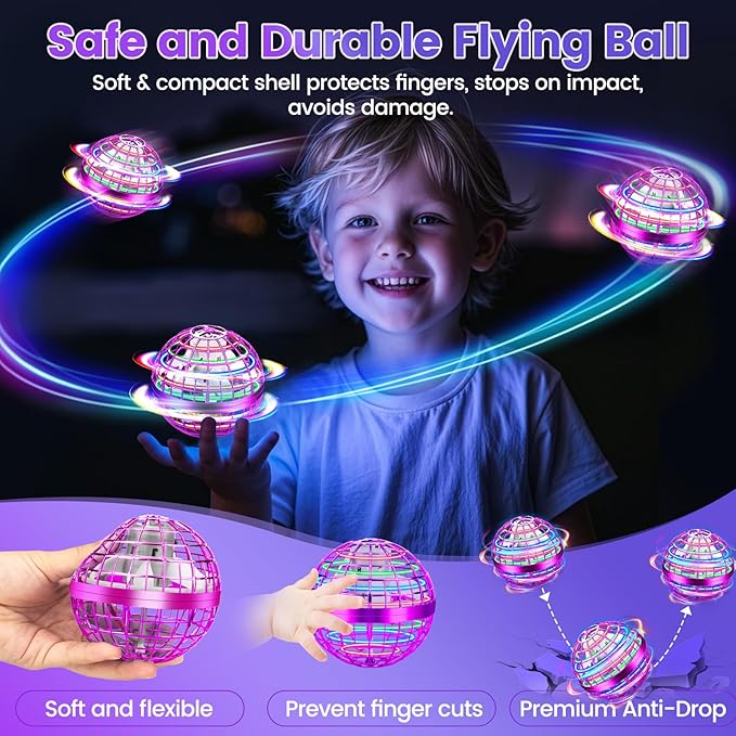 Flying Orb Ball Toy, 2026 Upgrade Hand Controlled Hover Ball with LED Lights,360° Rotating Boomerang Globe Cool Mini Drone, Ideal Birthday&Christmas Gift for Boys Girls-Bright Purple