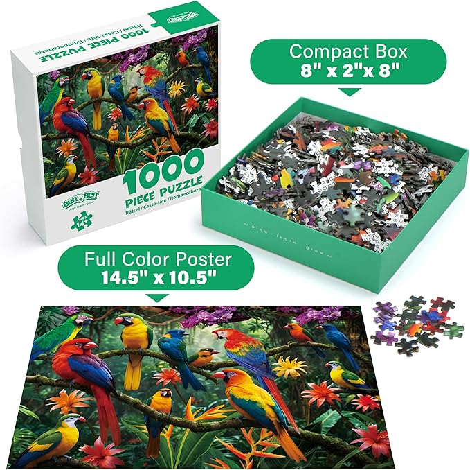 BenBen 1000 Piece Jigsaw Puzzle for Adults, Jungle Parrots, Puzzles with Letters or Patterns on Back, Challenging Puzzle for Game Night Home Décor, 26.63” x 19.25”