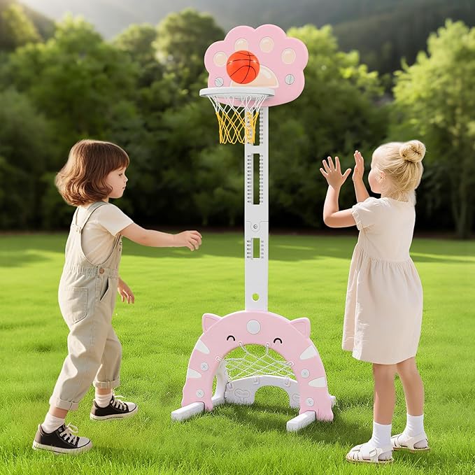 OLAKIDS Toddler Basketball Hoop, 3 in 1 Height Adjustable Kids Sports Activity Center Indoor Outdoor with Soccer Goal Golf Ball and Club, Baby Toy Game Play Set Gifts for Boys Girls