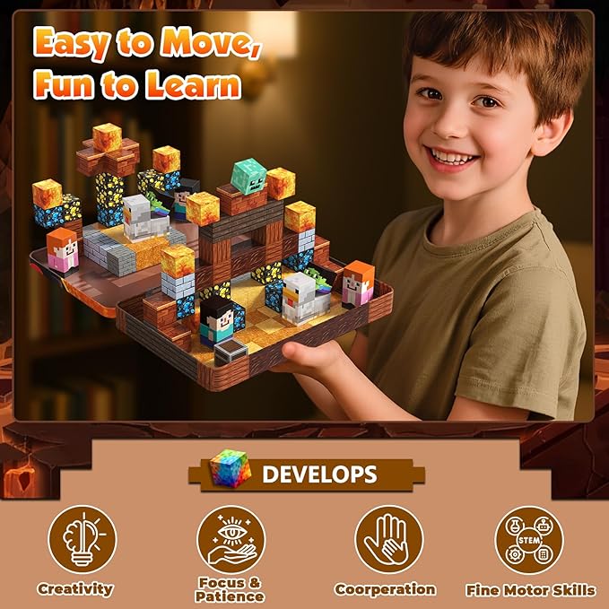 60 PCS Magnetic Blocks with Metal Box, 0.8in Mini Magnetic Building Cubes STEM Toys for Kids Ages 3+, Battle Stage Building Set, Educational Travel Toy for Boys and Girls, Easter Birthday Gifts