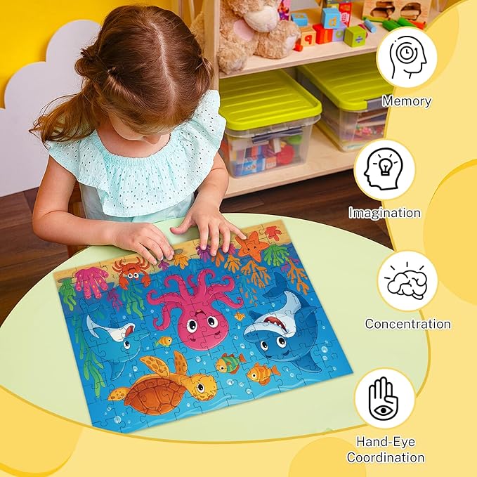 4-Pack 100 Piece Puzzles for Kids Ages 4-6 6-8 8-10, Farms Dinosaurs Seaworld Wildlife Kids Puzzles Ages 3-5 4-6 5-8 8-10, Learning Educational Kid Jigsaw Puzzles Gifts for Girls and Boys (15x10 in)