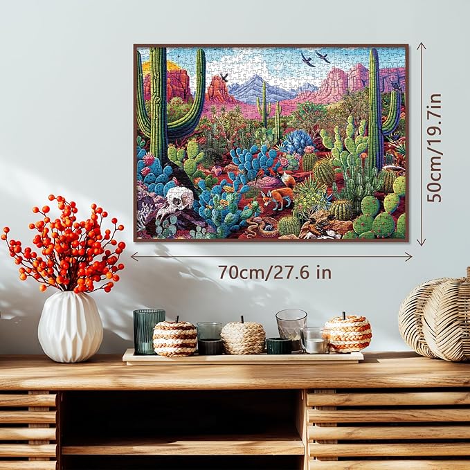 Cactus Landscape Puzzles for Adults 1000 Pieces Nature, Beautiful Plant Desert Oasis Art Jigsaw Puzzles, Bird Flower Animal Painting Puzzle As Home Decor