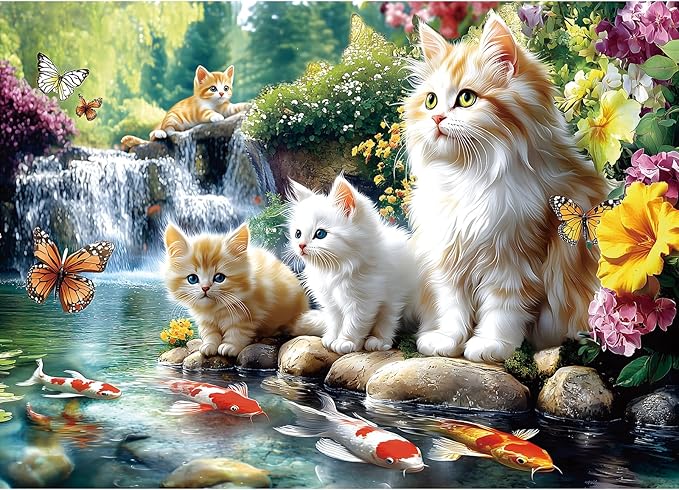 Serene Cat Garden 1000 Piece Jigsaw Puzzle for Adults, Waterfall Scene with Koi Fish and Butterflies, 27.56 x 19.69 Inch, Relaxing, Detailed Art for Solo or Social Puzzling