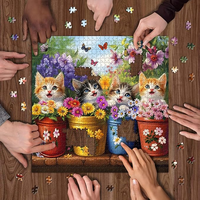 PICKFORU Cat Puzzles for Adults 1000 Pieces, Colorful Animals Jigsaw Puzzles Kitten Butterfly, Difficult Flower Plant Puzzle as Home Decor