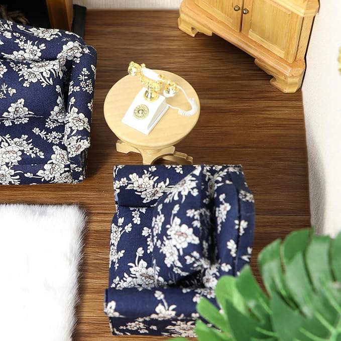 Dollhouse Couch with Pillow 1 12 Scale Miniature Sofa Arm Chair Living Room Furniture Wooden Fabric Frame Single Reading Chair Artificial House Room Scene Decoration (Blue)